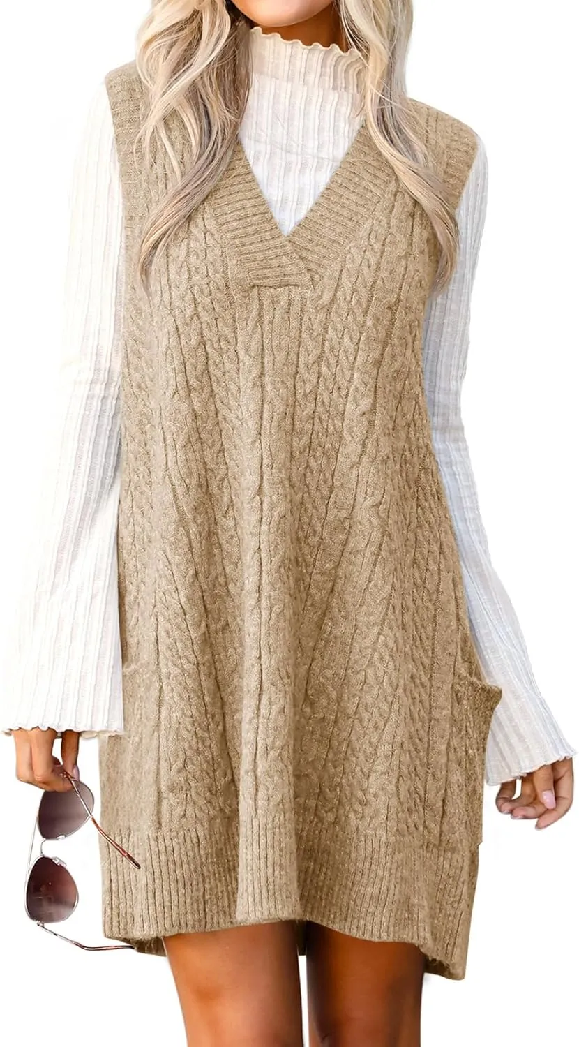Cicy Bell Womens Oversized Sweater Vest Dress V Neck Sleeveless Trendy Casual Knit Cable Mini Dresses