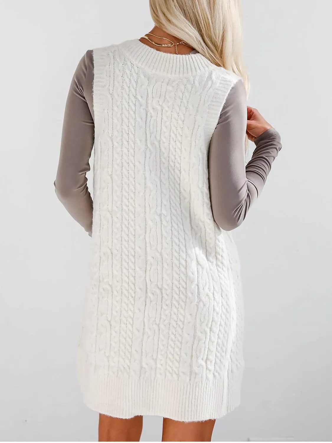 Cicy Bell Womens Oversized Sweater Vest Dress V Neck Sleeveless Trendy Casual Knit Cable Mini Dresses