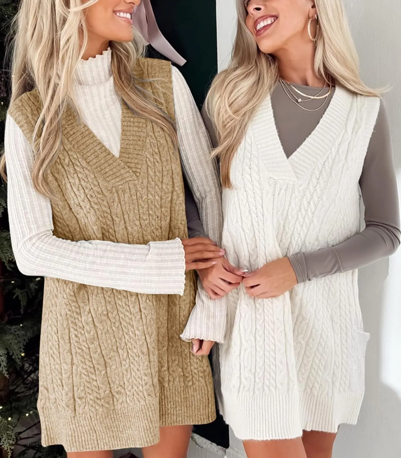 Cicy Bell Womens Oversized Sweater Vest Dress V Neck Sleeveless Trendy Casual Knit Cable Mini Dresses