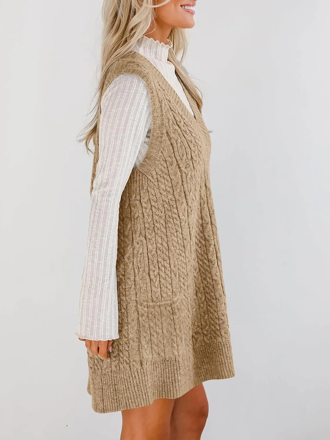 Cicy Bell Womens Oversized Sweater Vest Dress V Neck Sleeveless Trendy Casual Knit Cable Mini Dresses