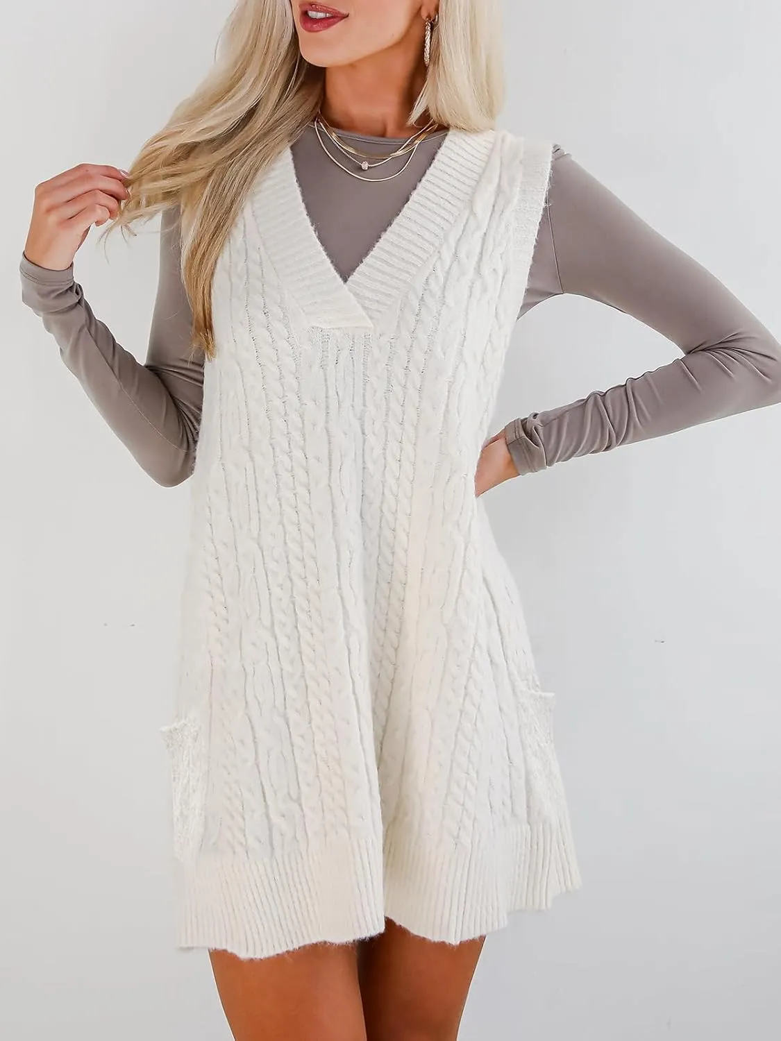 Cicy Bell Womens Oversized Sweater Vest Dress V Neck Sleeveless Trendy Casual Knit Cable Mini Dresses