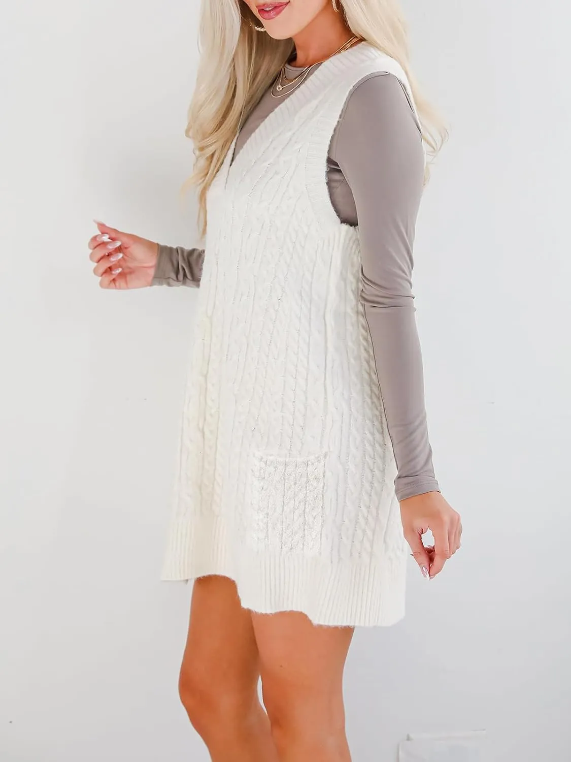 Cicy Bell Womens Oversized Sweater Vest Dress V Neck Sleeveless Trendy Casual Knit Cable Mini Dresses