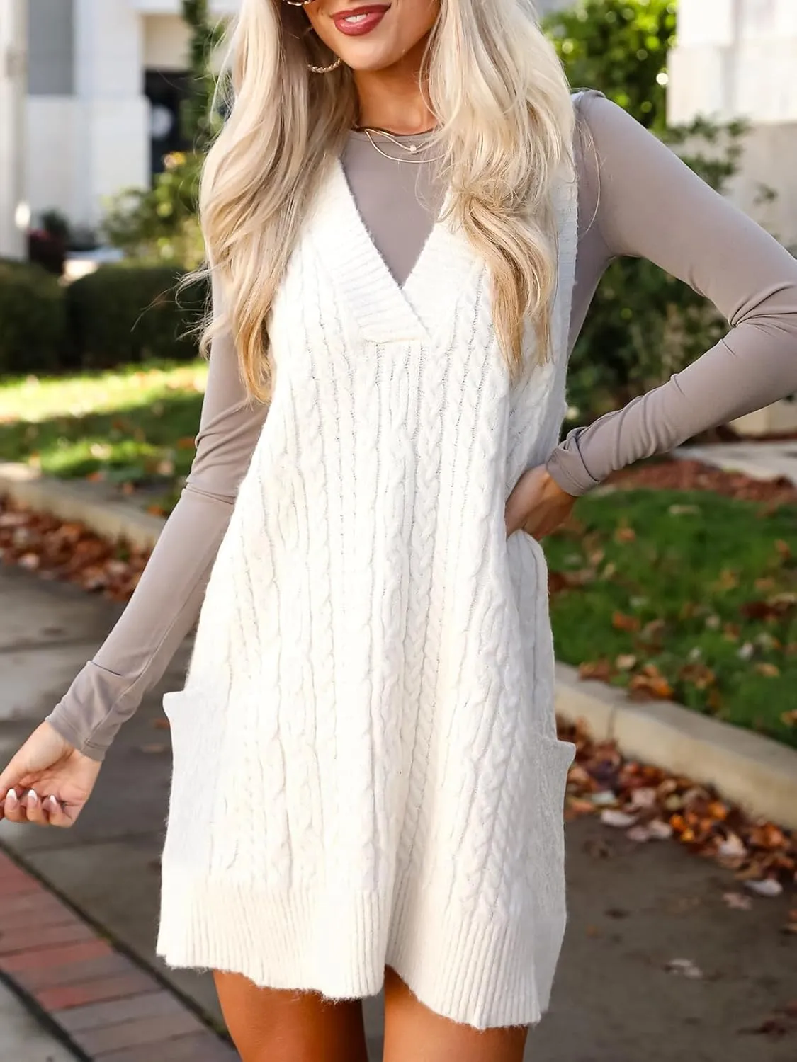 Cicy Bell Womens Oversized Sweater Vest Dress V Neck Sleeveless Trendy Casual Knit Cable Mini Dresses