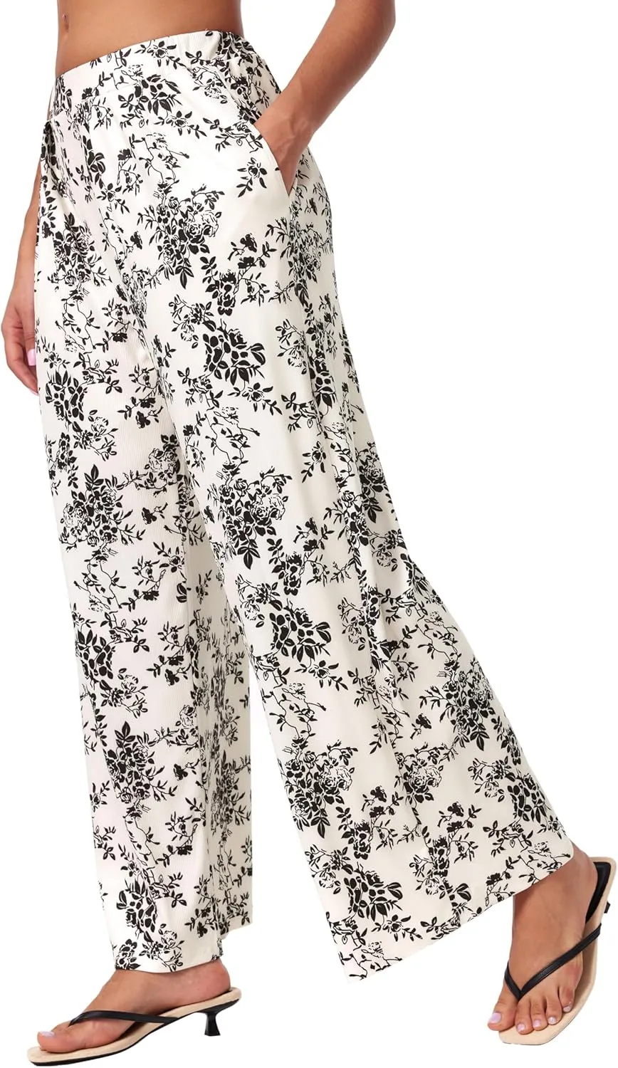 CIDER Wide Leg Palazzo Pants for Women with Pockets Elastic Business Causal Pants Women Summer for Beach Travel Trousers