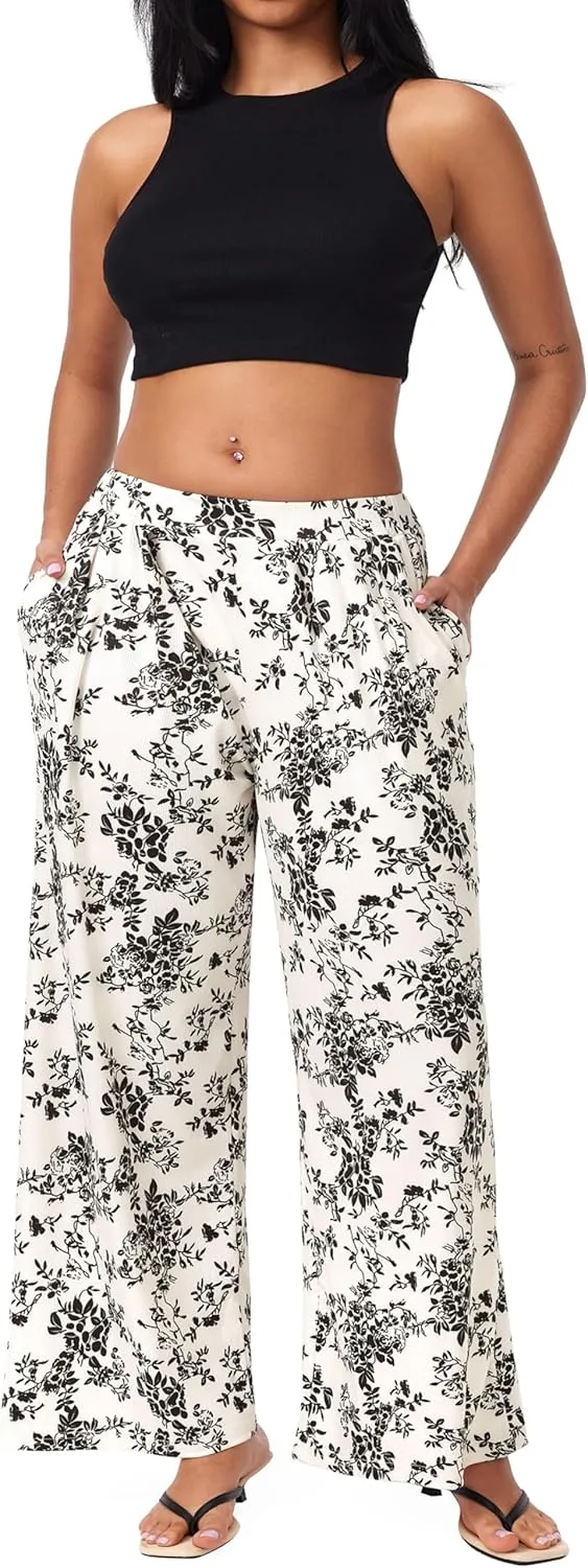 CIDER Wide Leg Palazzo Pants for Women with Pockets Elastic Business Causal Pants Women Summer for Beach Travel Trousers
