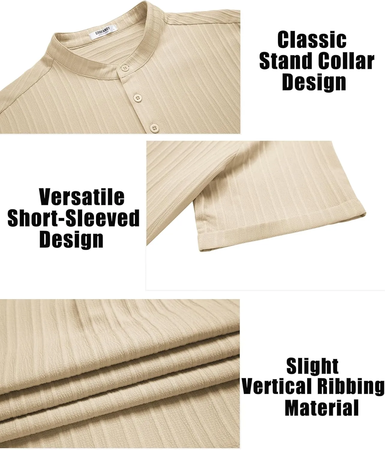 COOFANDY Men Casual Henley Tee Shirt Short Sleeve Band Collar Summer Beach Textured T-Shirt