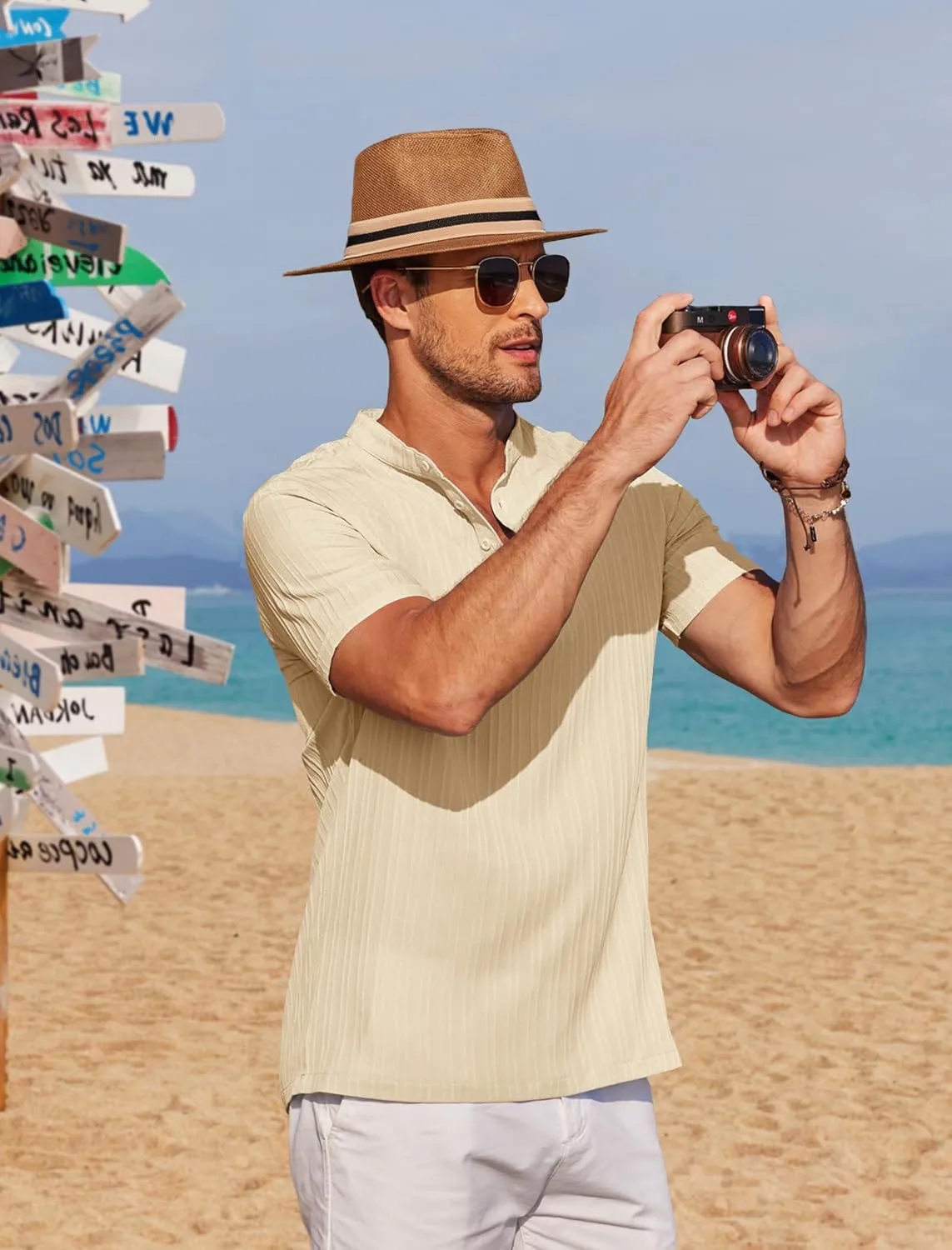 COOFANDY Men Casual Henley Tee Shirt Short Sleeve Band Collar Summer Beach Textured T-Shirt