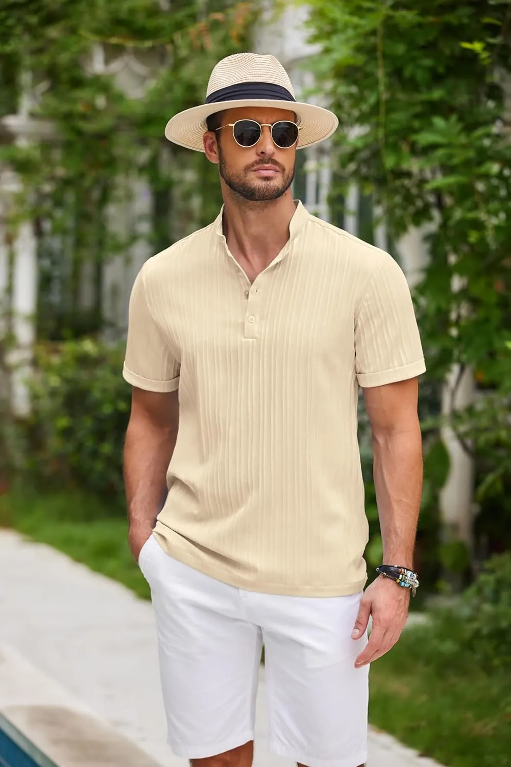 COOFANDY Men Casual Henley Tee Shirt Short Sleeve Band Collar Summer Beach Textured T-Shirt