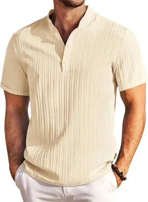 COOFANDY Men Casual Henley Tee Shirt Short Sleeve Band Collar Summer Beach Textured T-Shirt