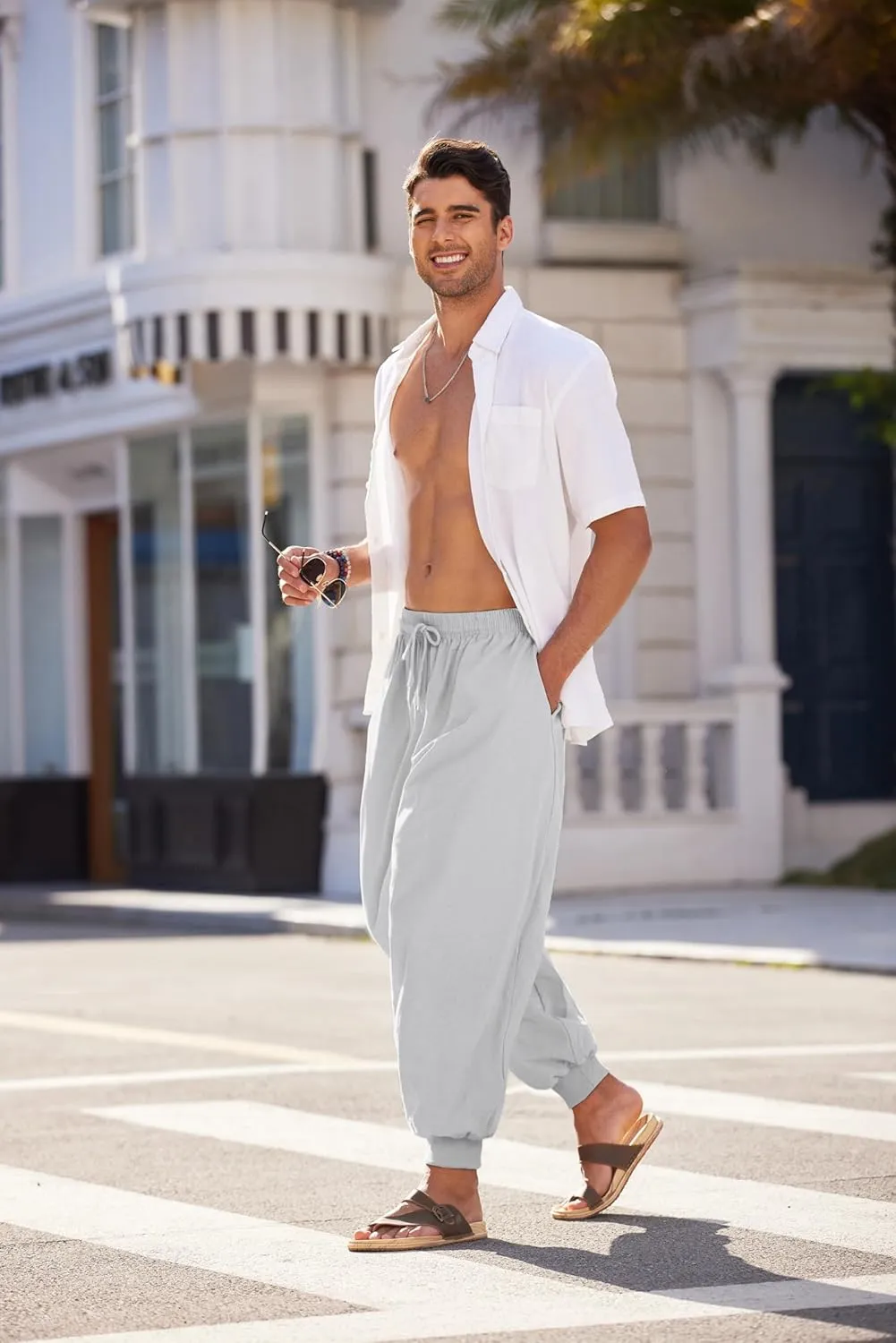 COOFANDY Men Hippie Harem Pants Baggy Linen Cotton Boho Yoga Pants Summer Beach Pants Casual Drop Crotch Trouser