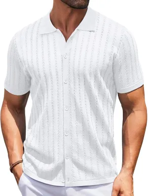 COOFANDY Men's Knit Shirts Short Sleeve Button Down Polo Shirt Vintage Casual Summer Beach Shirts