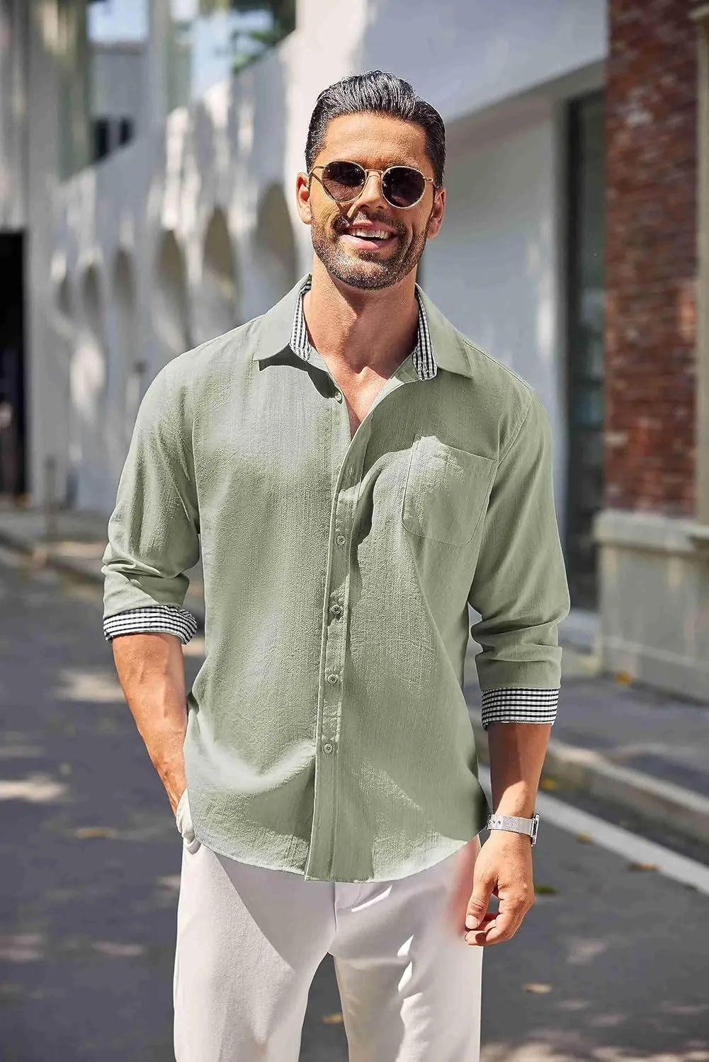 COOFANDY Men's Linen Button Down Shirt Long Sleeve Casual Beach Shirts with Pocket