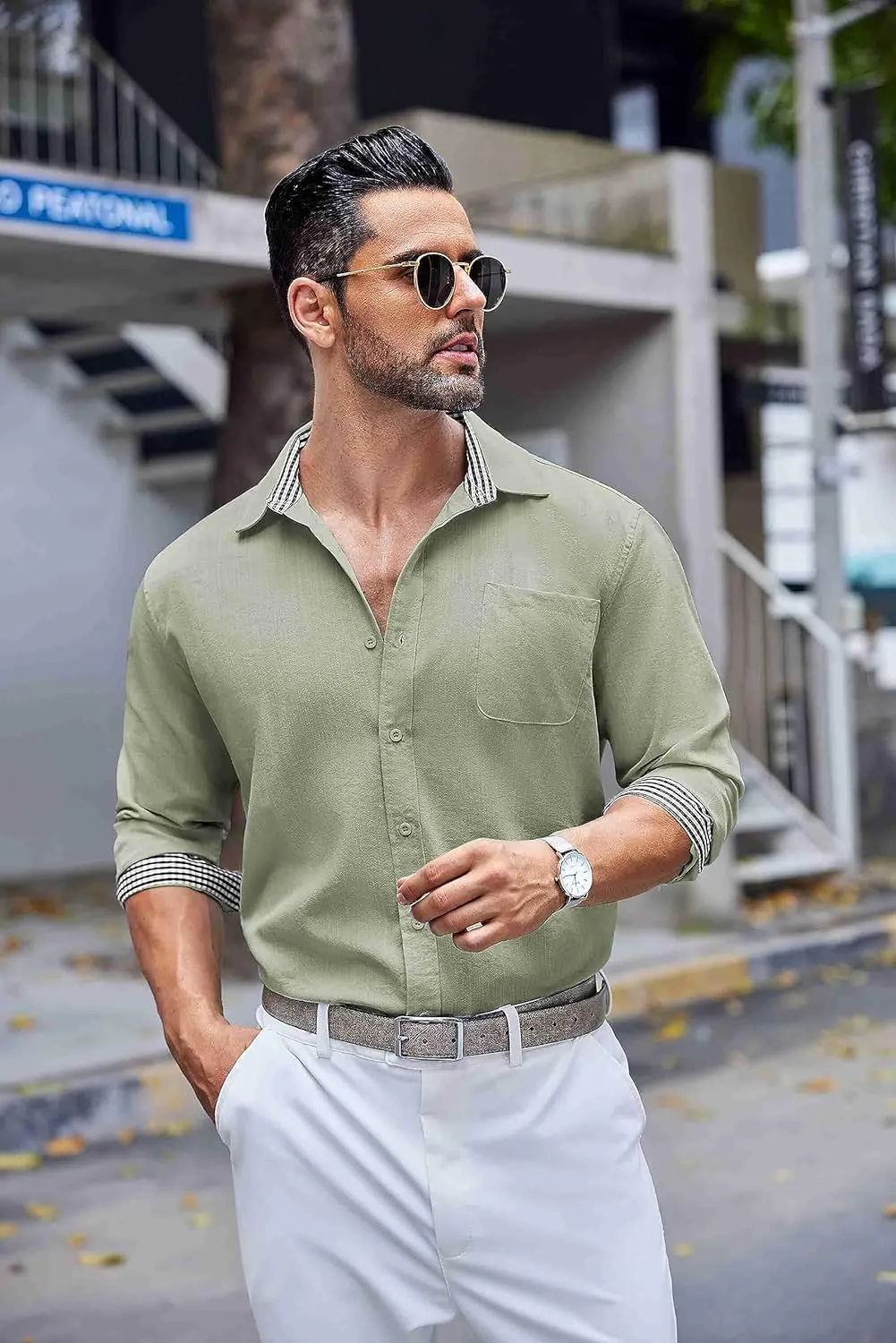 COOFANDY Men's Linen Button Down Shirt Long Sleeve Casual Beach Shirts with Pocket