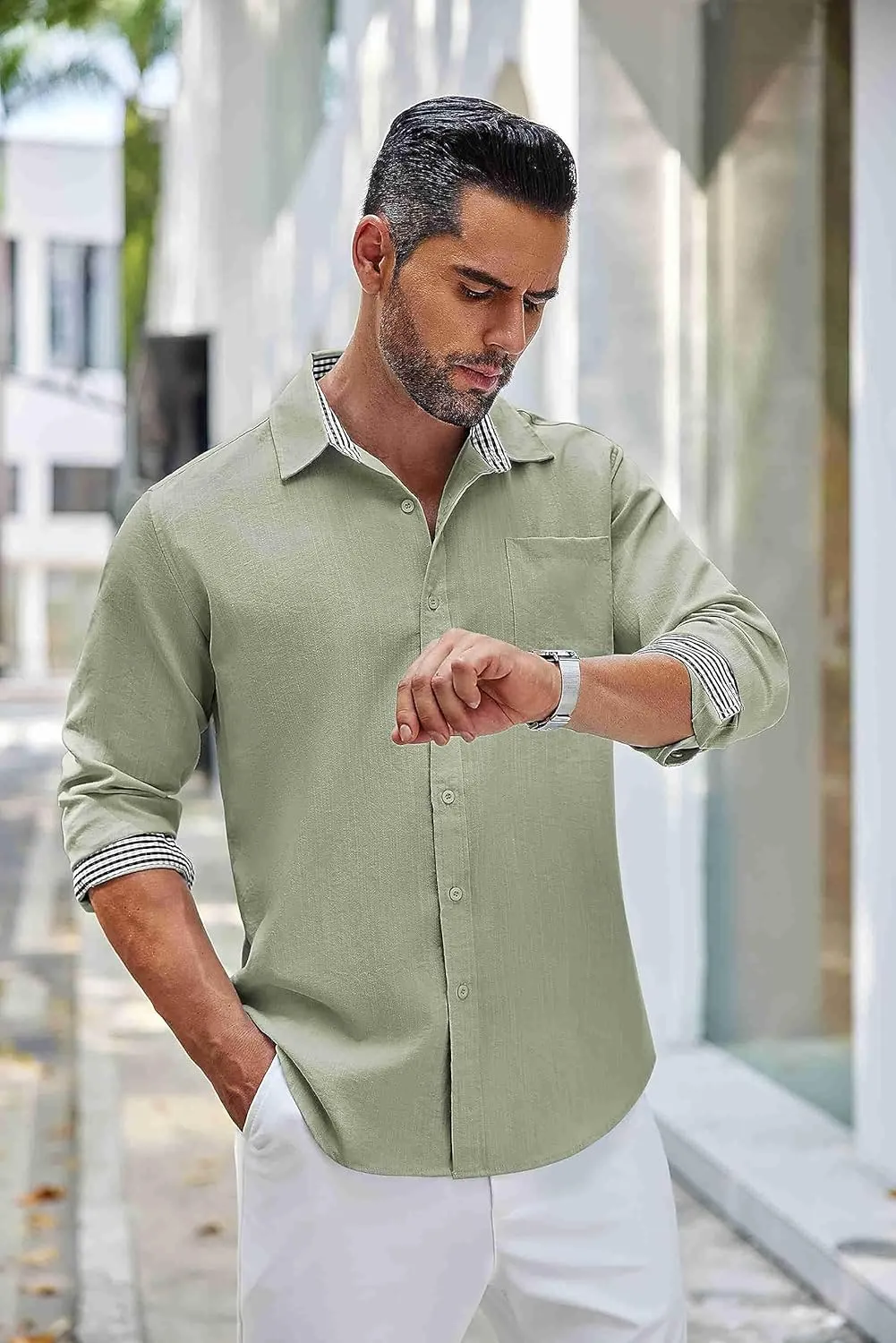 COOFANDY Men's Linen Button Down Shirt Long Sleeve Casual Beach Shirts with Pocket