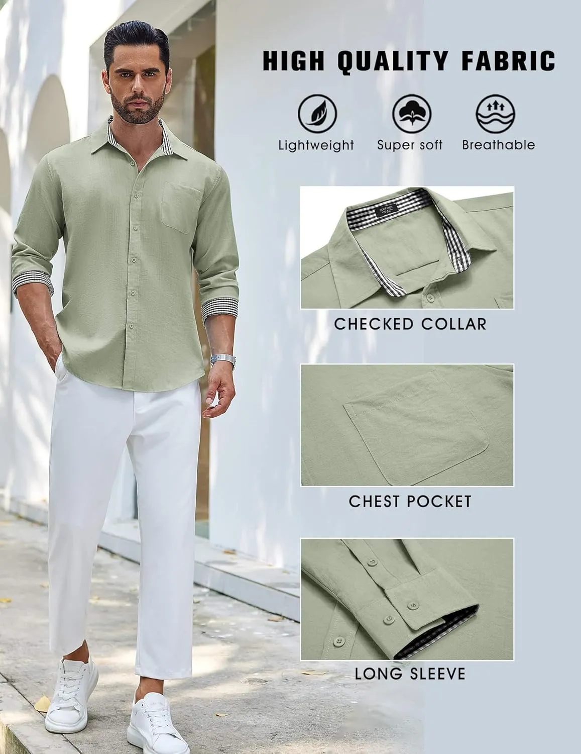 COOFANDY Men's Linen Button Down Shirt Long Sleeve Casual Beach Shirts with Pocket