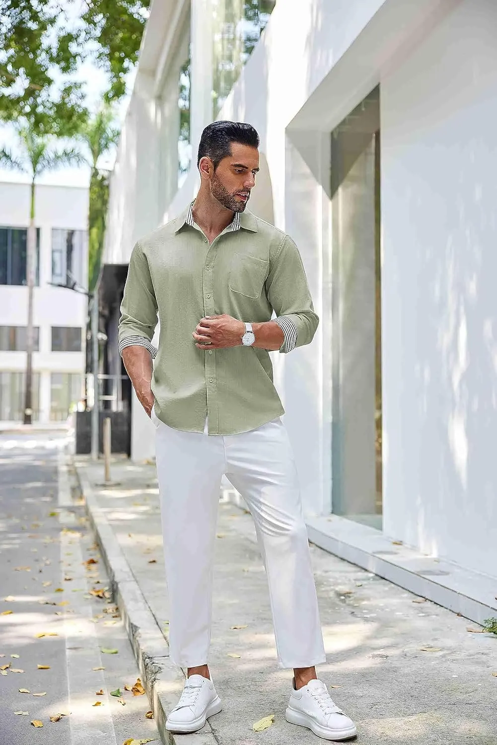COOFANDY Men's Linen Button Down Shirt Long Sleeve Casual Beach Shirts with Pocket