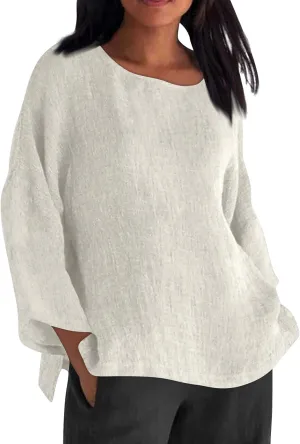 Cotton Linen Shirts for Women Long Sleeve Shirt Round Neck Casual Tunic Tops Basic Split Shirts Loose Fit 2025
