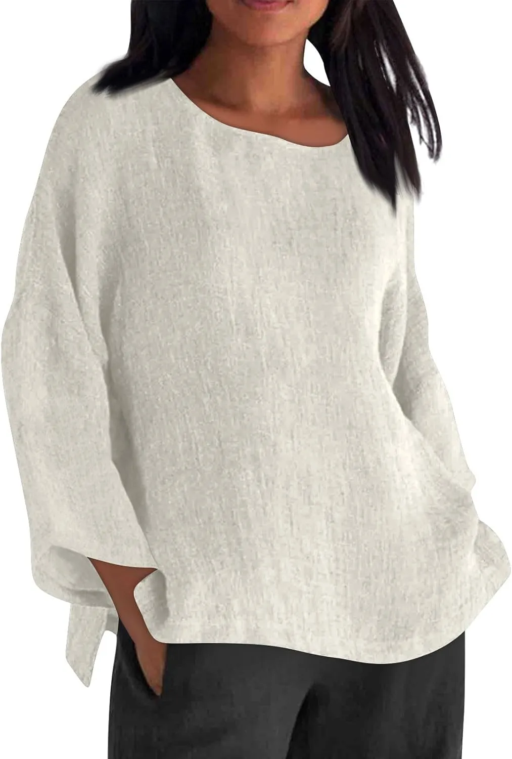 Cotton Linen Shirts for Women Long Sleeve Shirt Round Neck Casual Tunic Tops Basic Split Shirts Loose Fit 2025