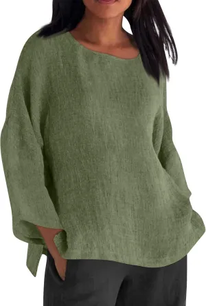 Cotton Linen Shirts for Women Long Sleeve Shirt Round Neck Casual Tunic Tops Basic Split Shirts Loose Fit 2025