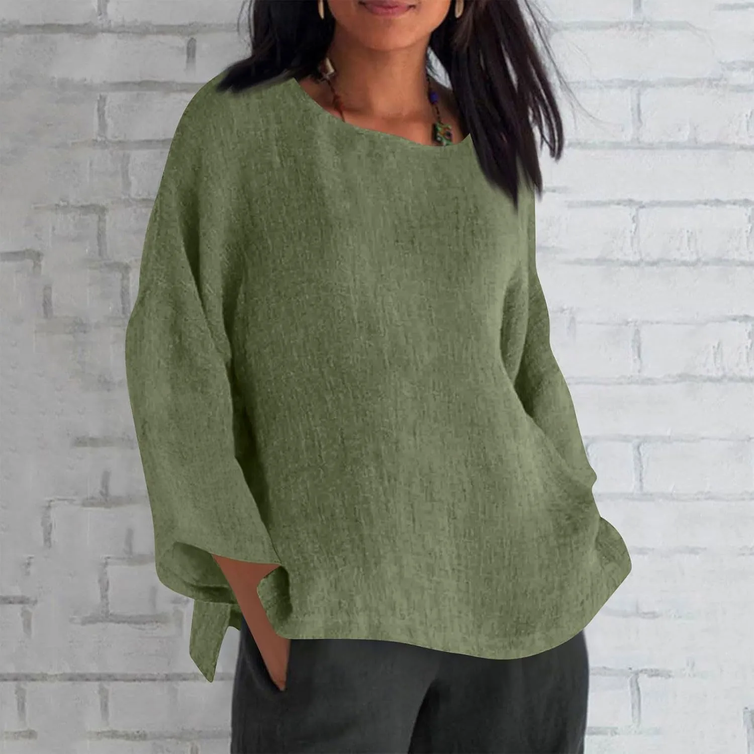 Cotton Linen Shirts for Women Long Sleeve Shirt Round Neck Casual Tunic Tops Basic Split Shirts Loose Fit 2025