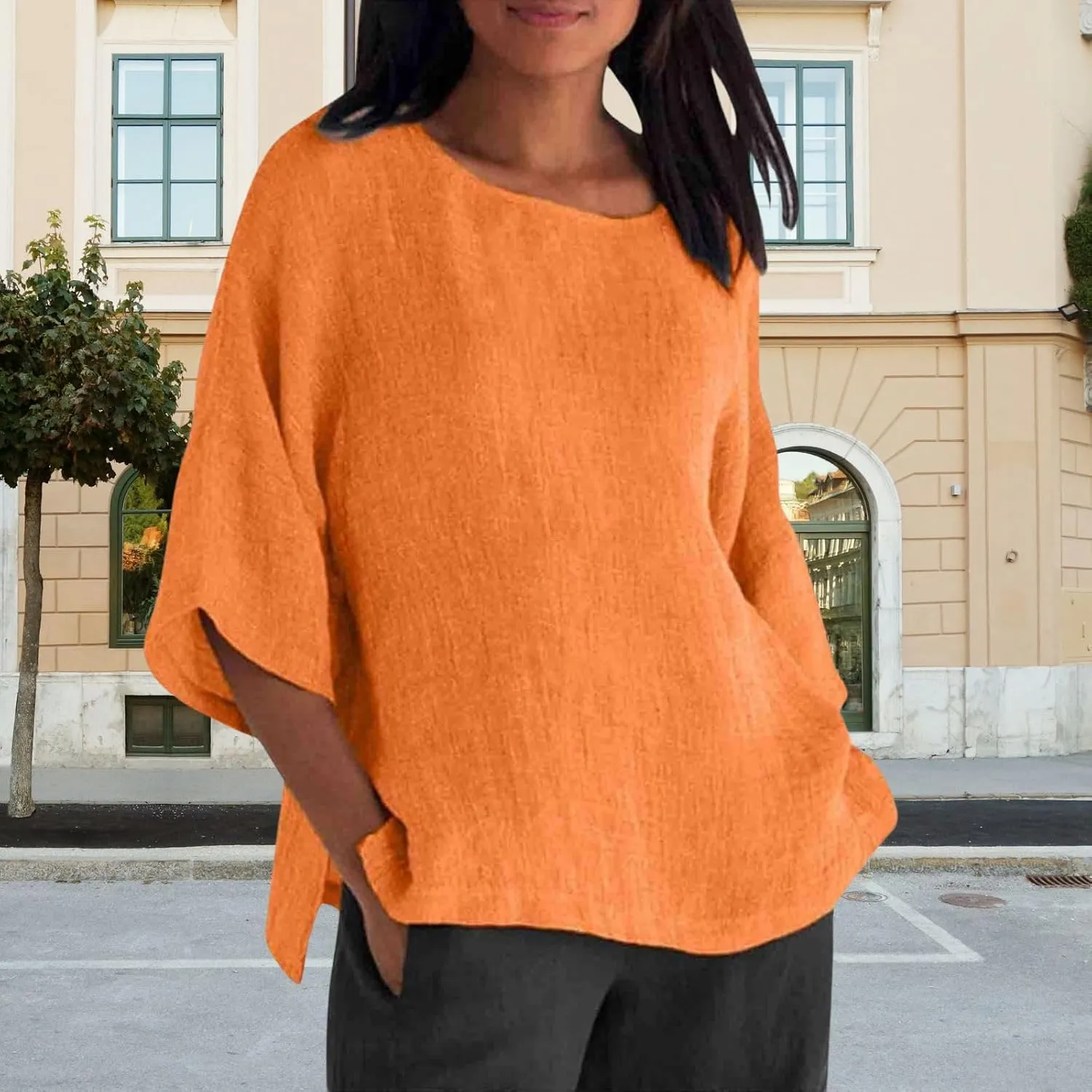 Cotton Linen Shirts for Women Summer Casual Crewneck Pullover Tops Comfy Loose Women's Short Sleeve T Shirt