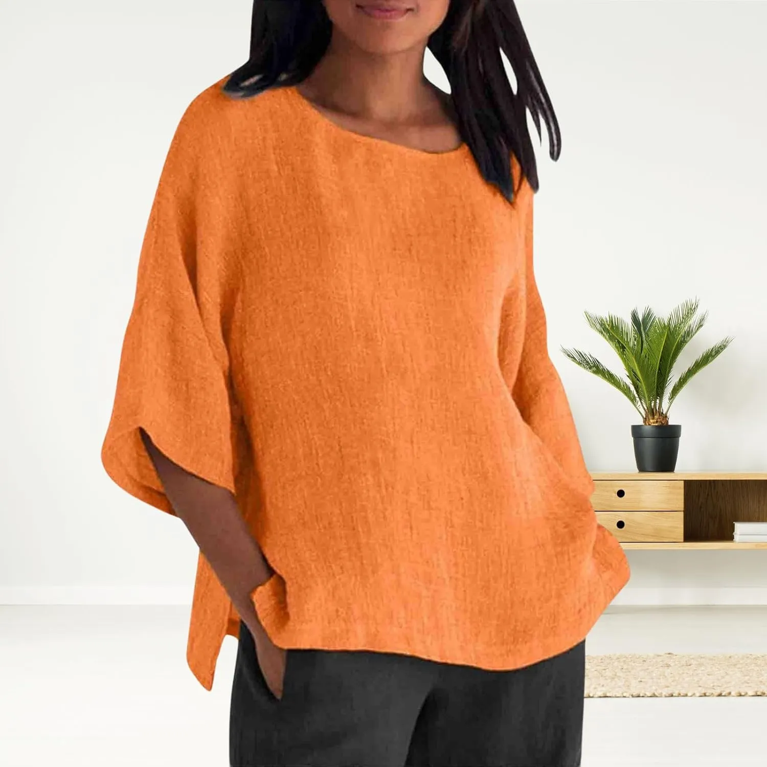 Cotton Linen Shirts for Women Summer Casual Crewneck Pullover Tops Comfy Loose Women's Short Sleeve T Shirt