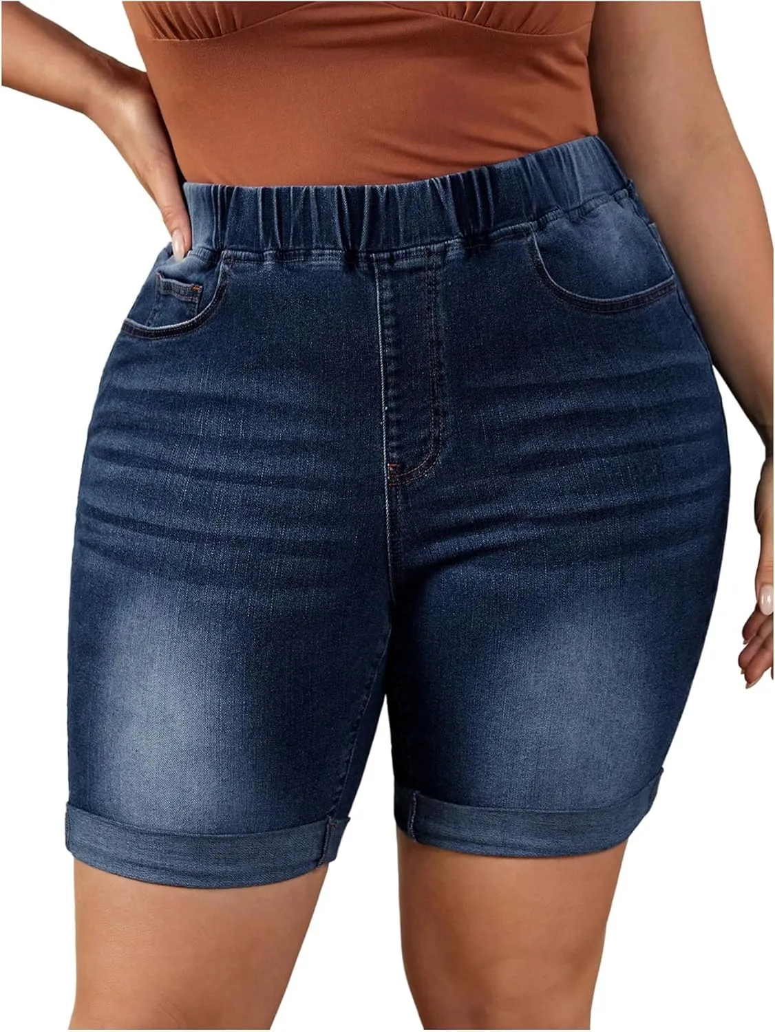 COZYEASE Women's Plus Size High Waisted Denim Shorts Casual Stretch Roll Up Hem Skinny Jean Shorts
