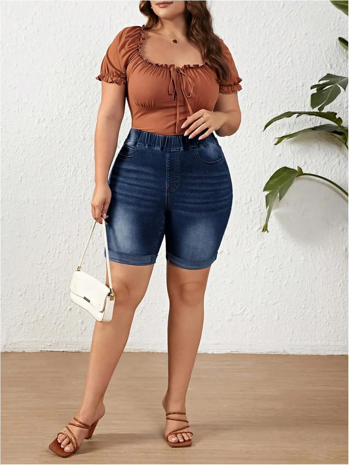 COZYEASE Women's Plus Size High Waisted Denim Shorts Casual Stretch Roll Up Hem Skinny Jean Shorts