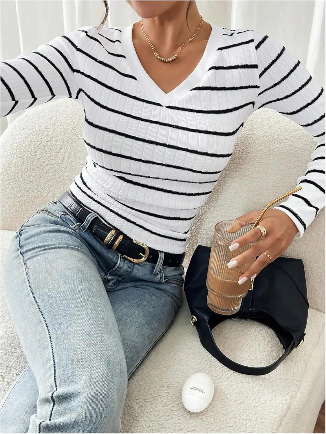 COZYEASE Women's Striped V Neck T Shirt Ribbed Knit Long Sleeve Fitted Tees Casual Tops