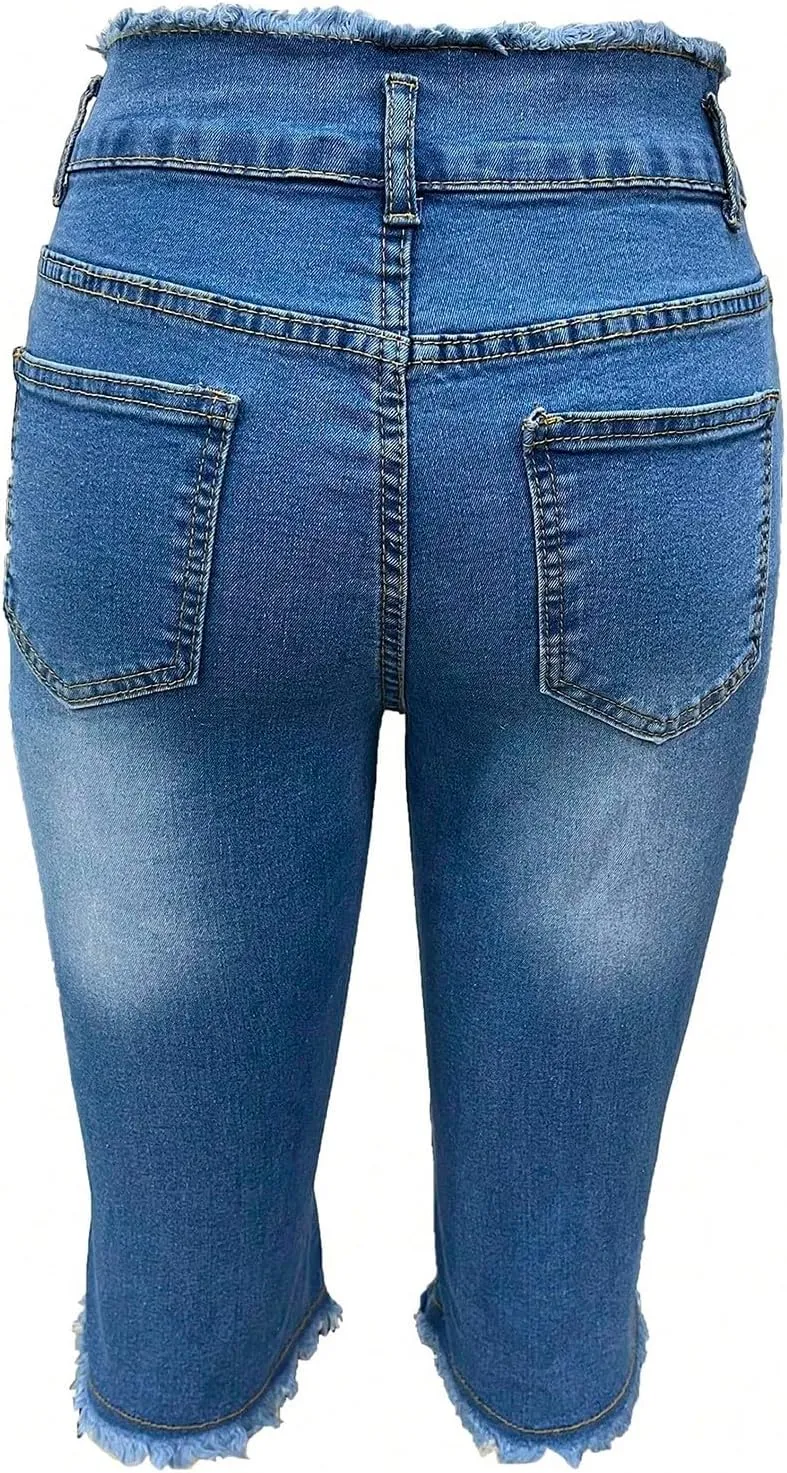 Cropped Jeans for Women Low Rise Distressed Cuffed Capri Jeans Skinny Crop Jean Joggers Y2k Jean Capris Streetwear