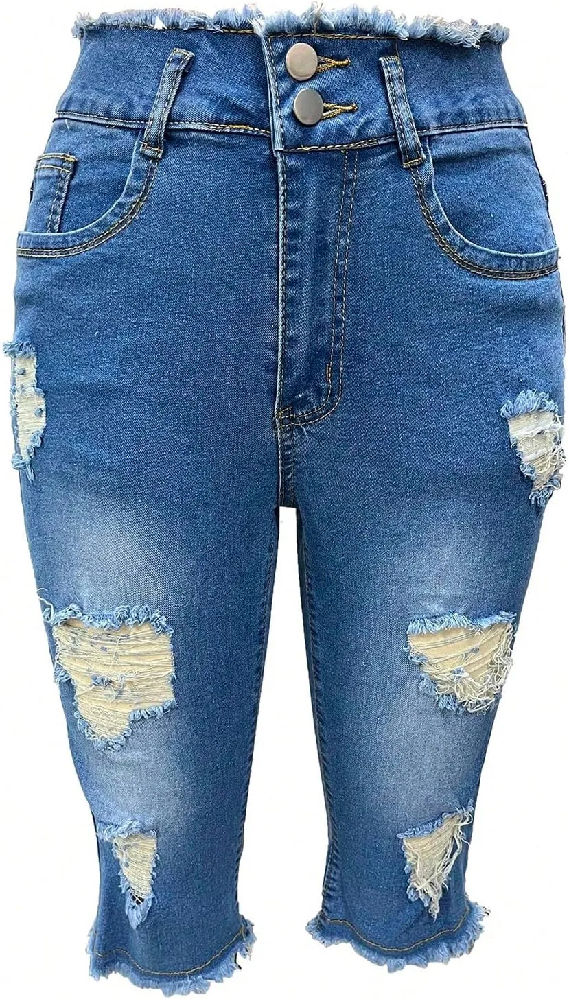 Cropped Jeans for Women Low Rise Distressed Cuffed Capri Jeans Skinny Crop Jean Joggers Y2k Jean Capris Streetwear