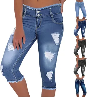 Cropped Jeans for Women Low Rise Distressed Cuffed Capri Jeans Skinny Crop Jean Joggers Y2k Jean Capris Streetwear