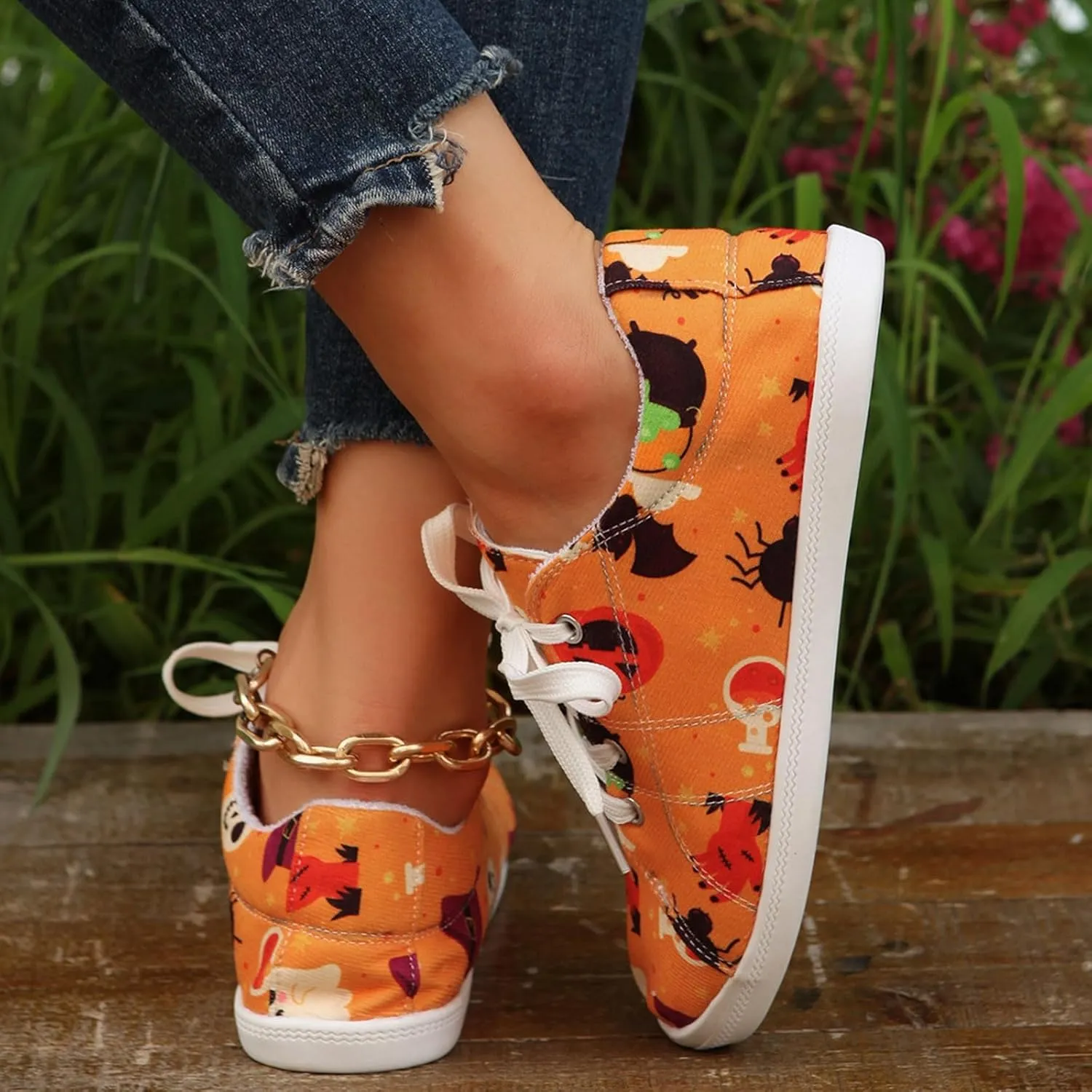 Crzidha Halloween Shoes for Women,Womens Funny Canvas Pumpkin Sneakers Low Top Lace Up Halloween Print Sneakers Lightweight Stylish Pumpkin Flats Casual Party Slip On Loafers Cute Fall Print Shoes