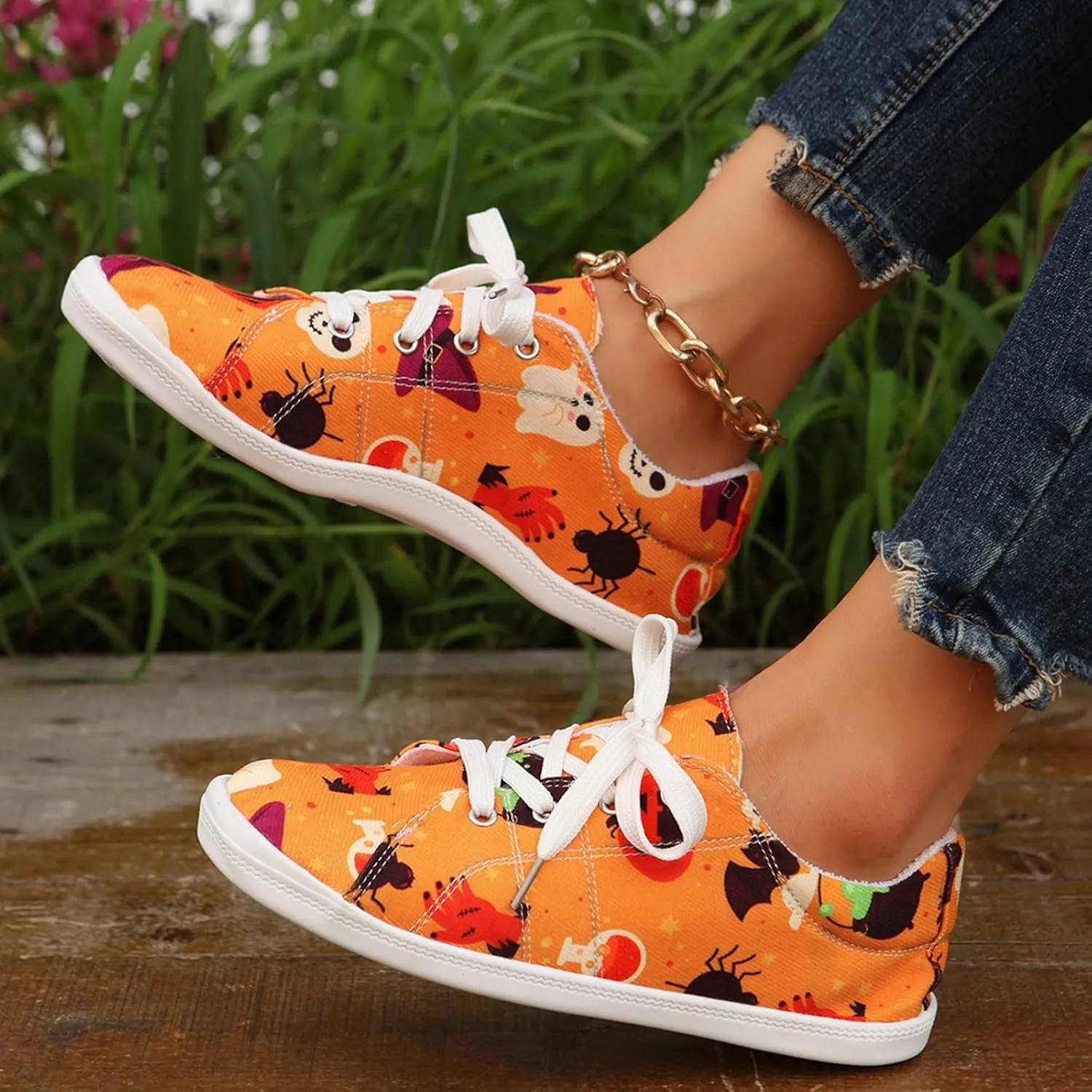 Crzidha Halloween Shoes for Women,Womens Funny Canvas Pumpkin Sneakers Low Top Lace Up Halloween Print Sneakers Lightweight Stylish Pumpkin Flats Casual Party Slip On Loafers Cute Fall Print Shoes
