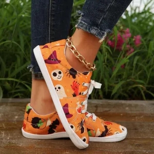 Crzidha Halloween Shoes for Women,Womens Funny Canvas Pumpkin Sneakers Low Top Lace Up Halloween Print Sneakers Lightweight Stylish Pumpkin Flats Casual Party Slip On Loafers Cute Fall Print Shoes