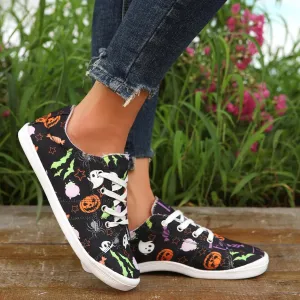 Crzidha Halloween Shoes for Women,Womens Funny Canvas Pumpkin Sneakers Low Top Lace Up Halloween Print Sneakers Lightweight Stylish Pumpkin Flats Casual Party Slip On Loafers Cute Fall Print Shoes