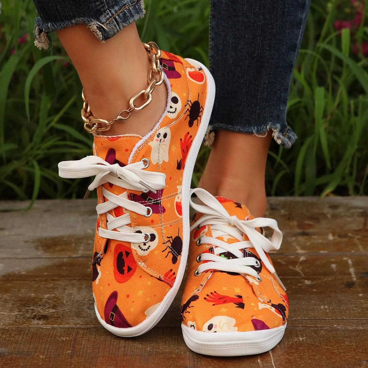 Crzidha Halloween Shoes for Women,Womens Funny Canvas Pumpkin Sneakers Low Top Lace Up Halloween Print Sneakers Lightweight Stylish Pumpkin Flats Casual Party Slip On Loafers Cute Fall Print Shoes