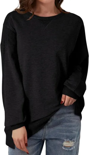 Dokotoo Oversized Sweatshirt for Women Casual Crewneck Long Sleeve Waffle Splicing Solid Pullover Sweatshirts Tops