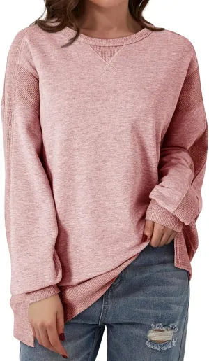 Dokotoo Oversized Sweatshirt for Women Casual Crewneck Long Sleeve Waffle Splicing Solid Pullover Sweatshirts Tops