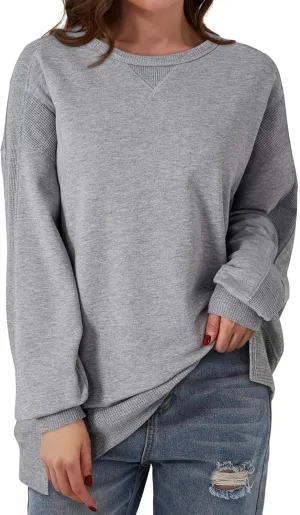 Dokotoo Oversized Sweatshirt for Women Casual Crewneck Long Sleeve Waffle Splicing Solid Pullover Sweatshirts Tops