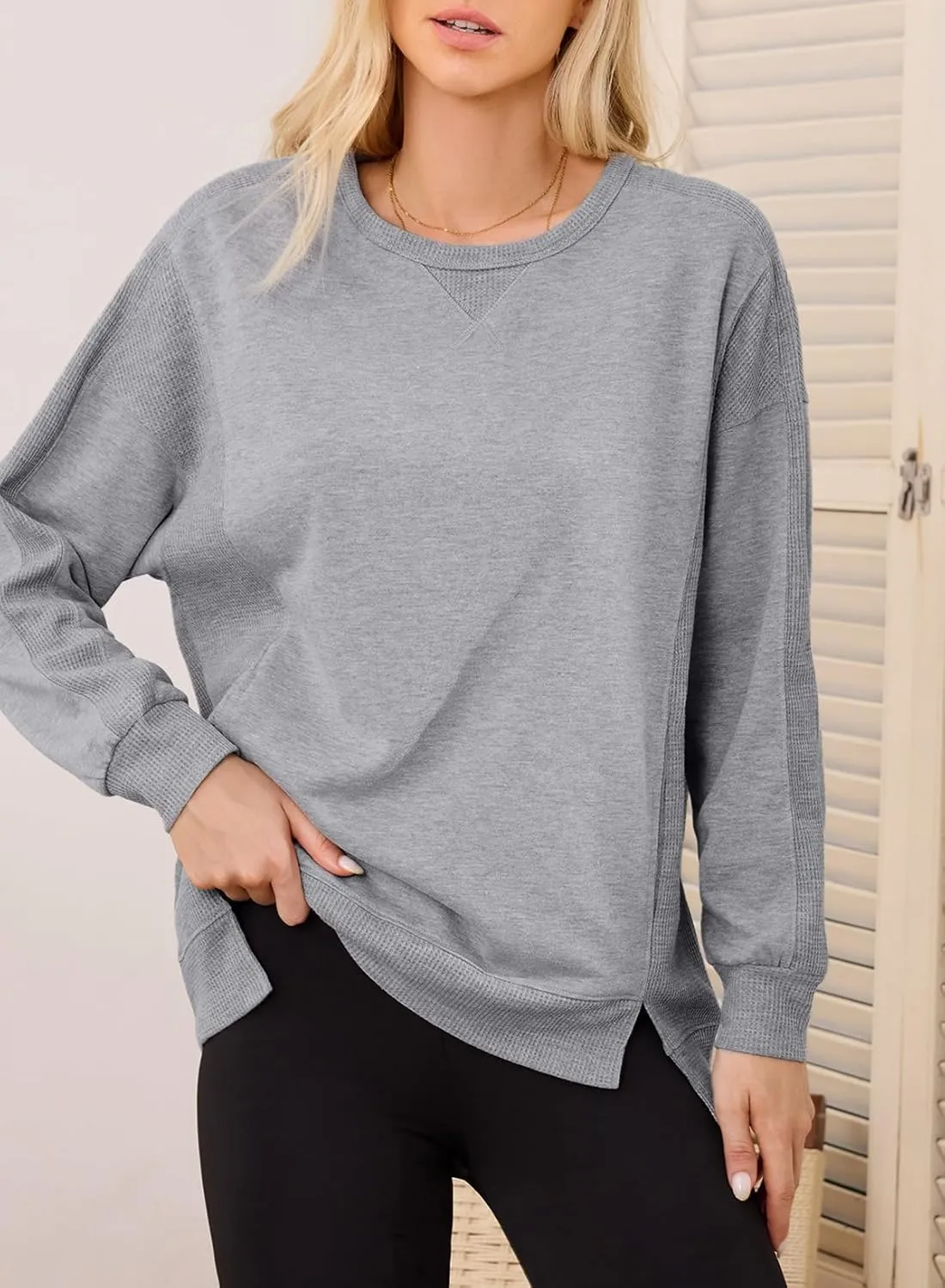 Dokotoo Oversized Sweatshirt for Women Casual Crewneck Long Sleeve Waffle Splicing Solid Pullover Sweatshirts Tops