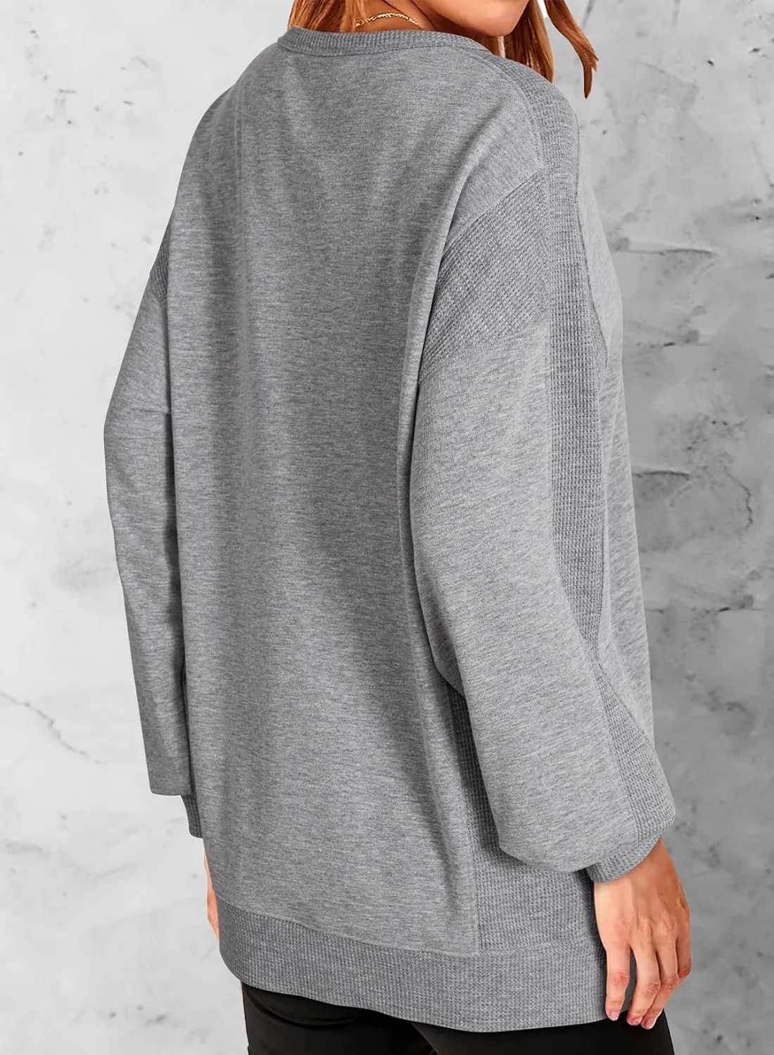 Dokotoo Oversized Sweatshirt for Women Casual Crewneck Long Sleeve Waffle Splicing Solid Pullover Sweatshirts Tops