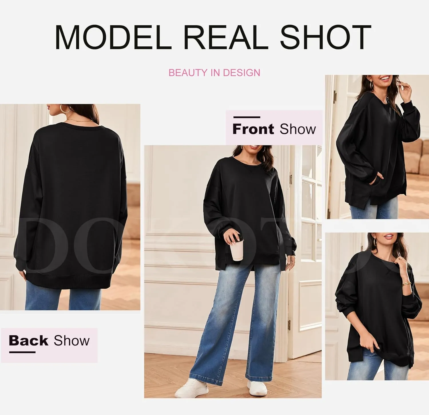 Dokotoo Oversized Sweatshirt for Women Casual Crewneck Long Sleeve Waffle Splicing Solid Pullover Sweatshirts Tops