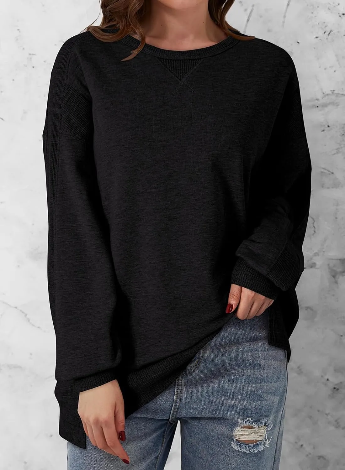 Dokotoo Oversized Sweatshirt for Women Casual Crewneck Long Sleeve Waffle Splicing Solid Pullover Sweatshirts Tops