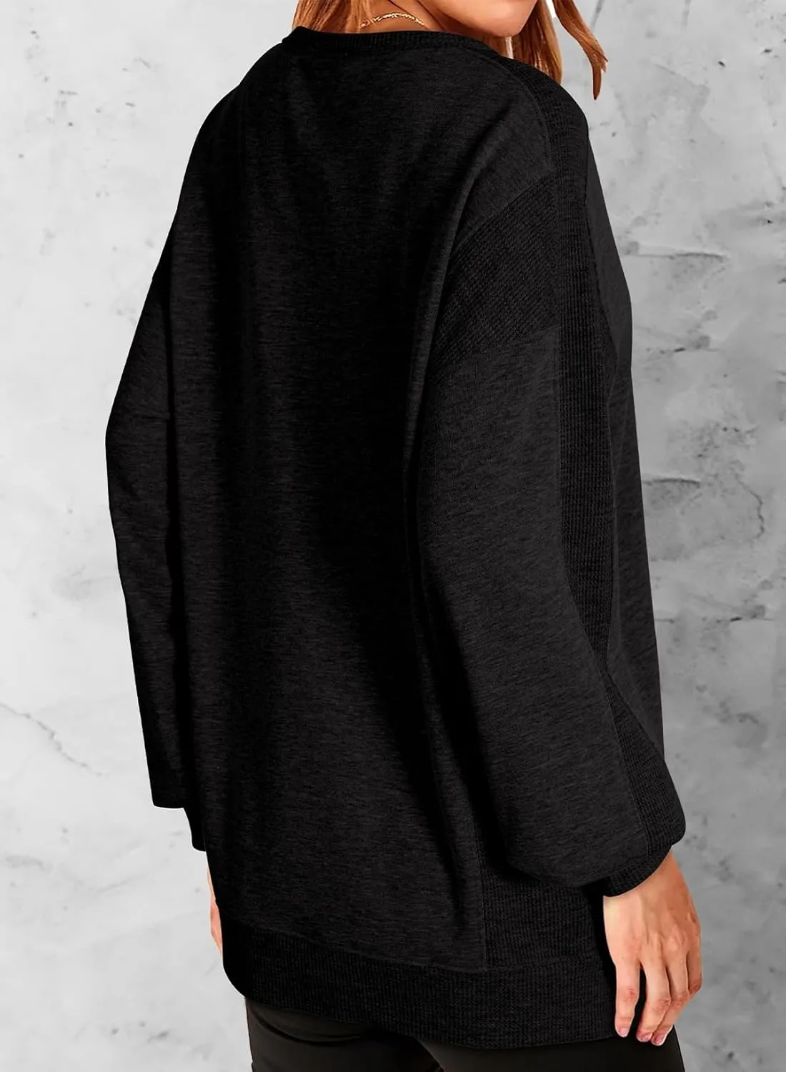 Dokotoo Oversized Sweatshirt for Women Casual Crewneck Long Sleeve Waffle Splicing Solid Pullover Sweatshirts Tops
