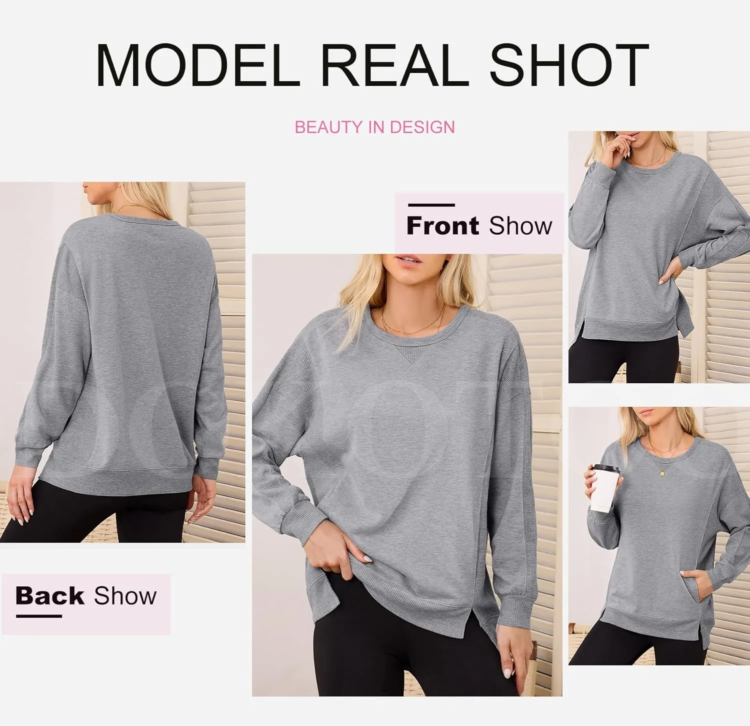 Dokotoo Oversized Sweatshirt for Women Casual Crewneck Long Sleeve Waffle Splicing Solid Pullover Sweatshirts Tops
