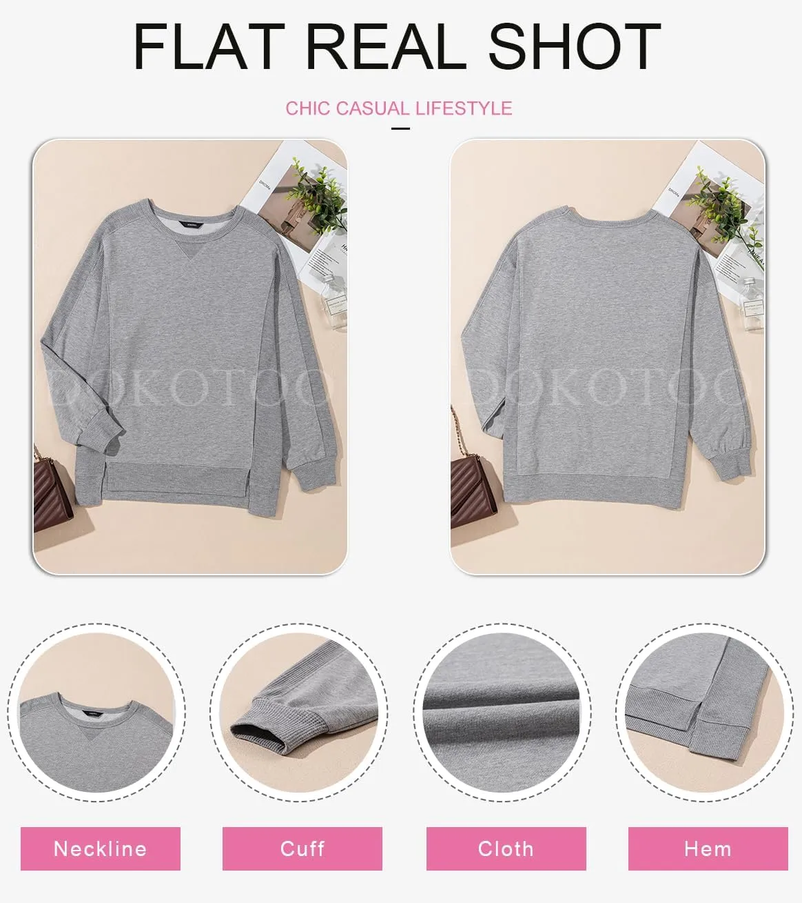 Dokotoo Oversized Sweatshirt for Women Casual Crewneck Long Sleeve Waffle Splicing Solid Pullover Sweatshirts Tops