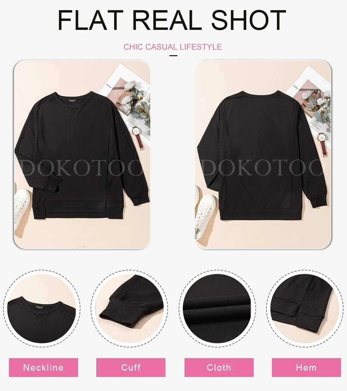 Dokotoo Oversized Sweatshirt for Women Casual Crewneck Long Sleeve Waffle Splicing Solid Pullover Sweatshirts Tops