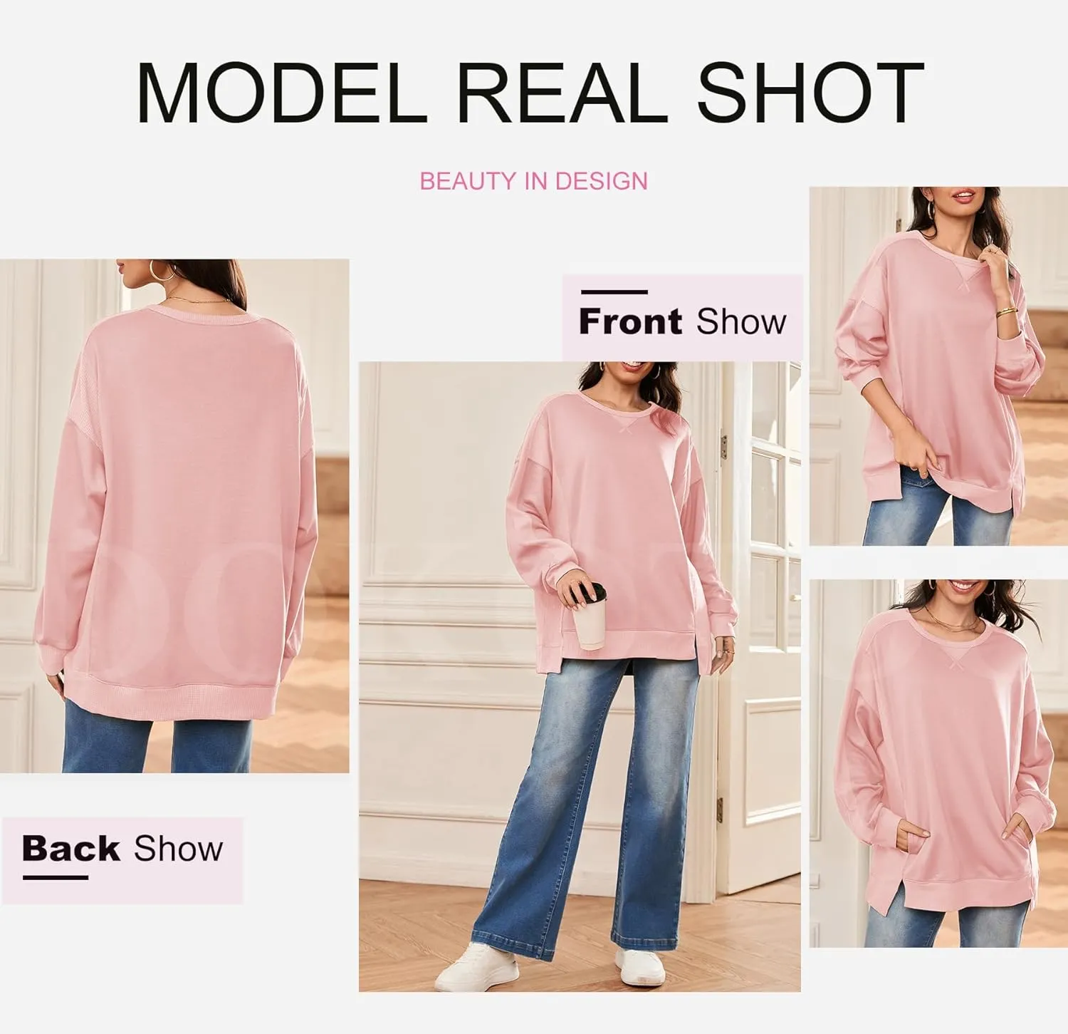 Dokotoo Oversized Sweatshirt for Women Casual Crewneck Long Sleeve Waffle Splicing Solid Pullover Sweatshirts Tops