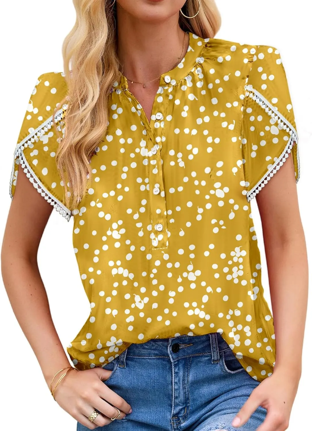 Dokotoo Womens Tops Summer Casual Boho Floral Print Short Sleeve Half Button Down V Neck Chiffon Blouses Shirts